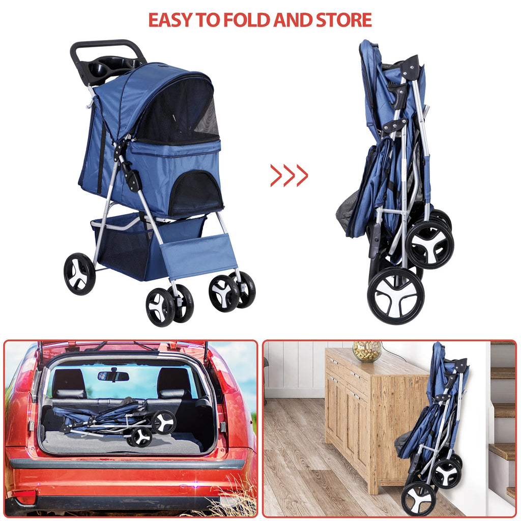 Dog Stroller 3/4-Wheels w/Storage Basket & Cup Holder Foldable Cat Pet Stroller