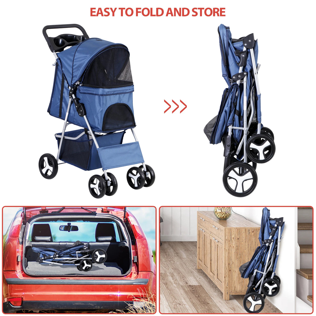 Dog Stroller 3/4-Wheels w/Storage Basket & Cup Holder Foldable Cat Pet Stroller