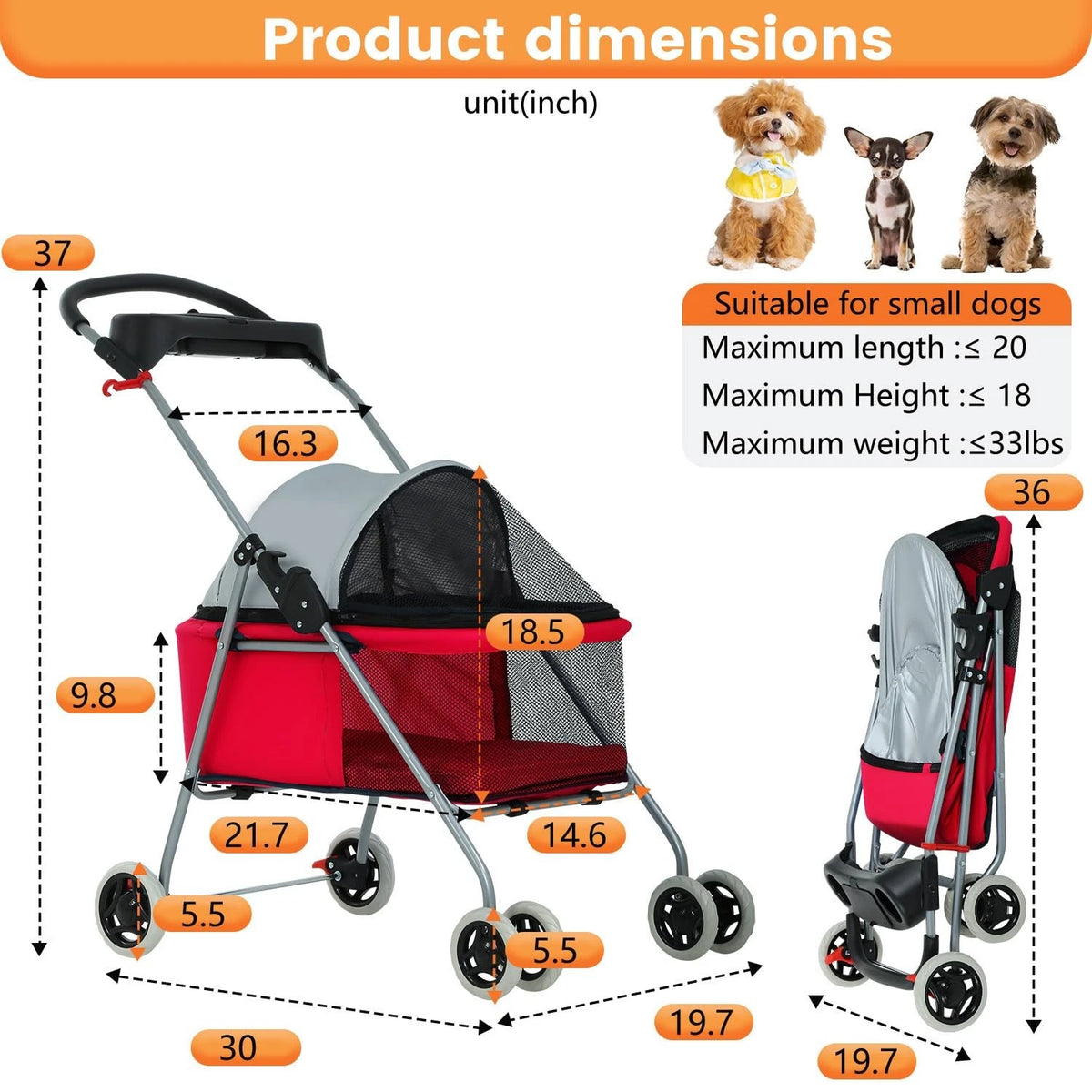 Pet Stroller 4 Wheels Posh Folding Waterproof Portable Travel Cat Dog Stroller