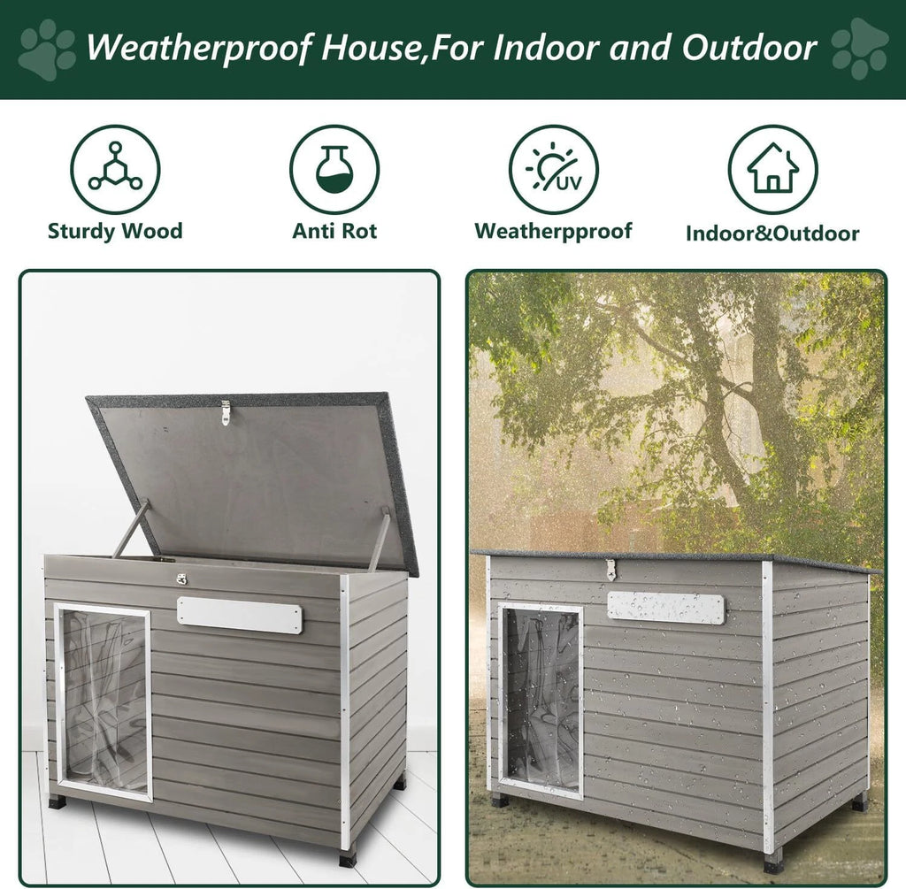 PETSCOSSET Large Wooden Dog House Outdoor Elevated Dog Kennel for Medium Dogs