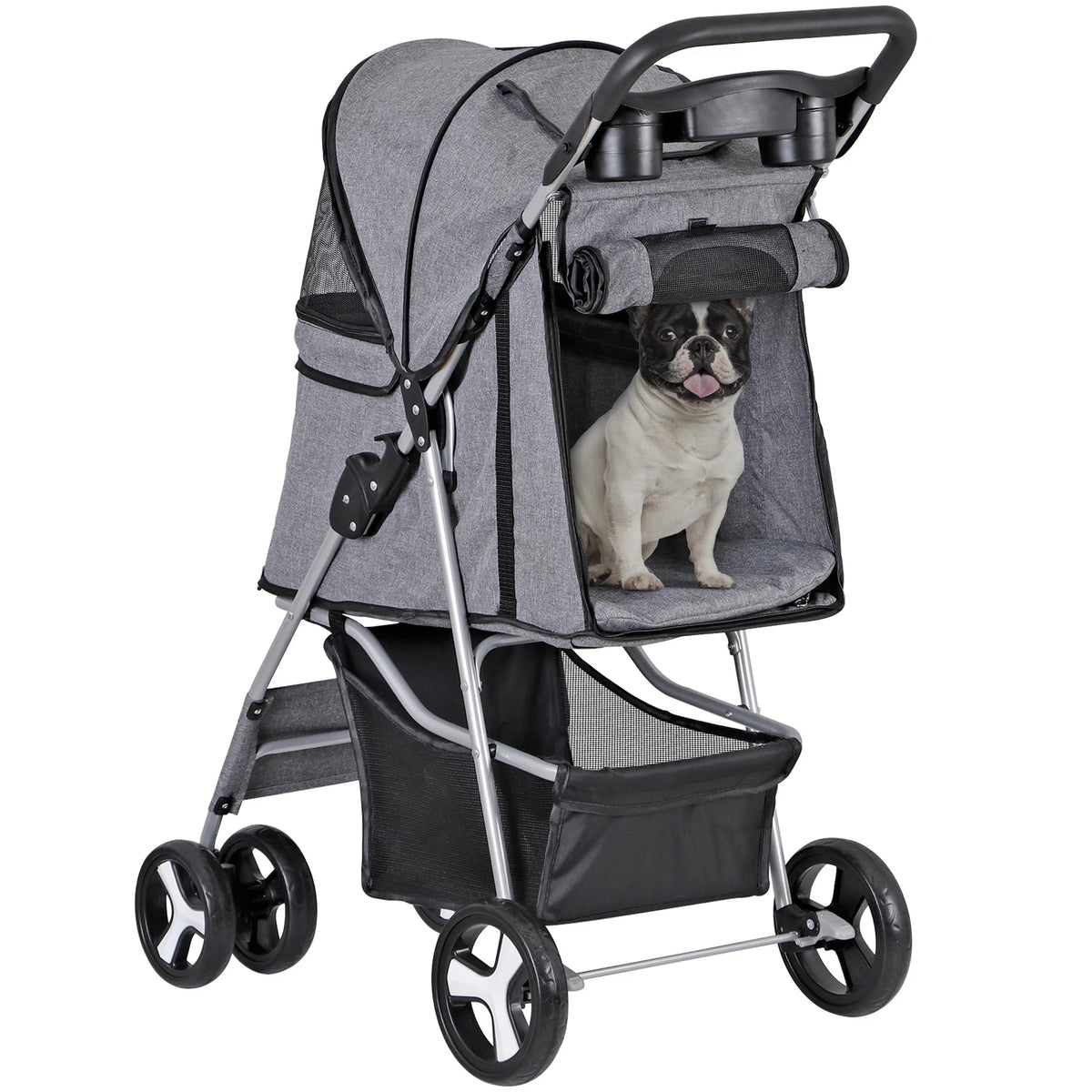Dog Stroller 3/4-Wheels w/Storage Basket & Cup Holder Foldable Cat Pet Stroller