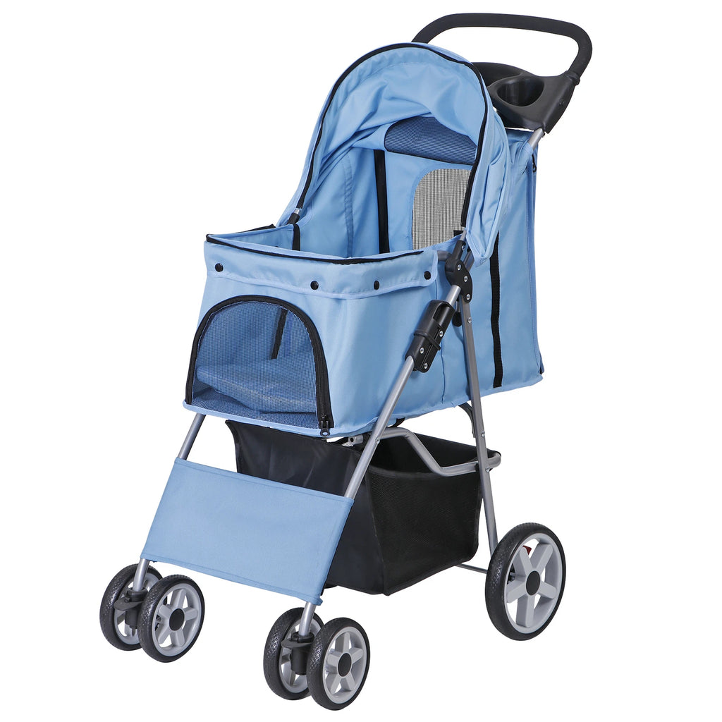 Dog Stroller 3/4-Wheels w/Storage Basket & Cup Holder Foldable Cat Pet Stroller