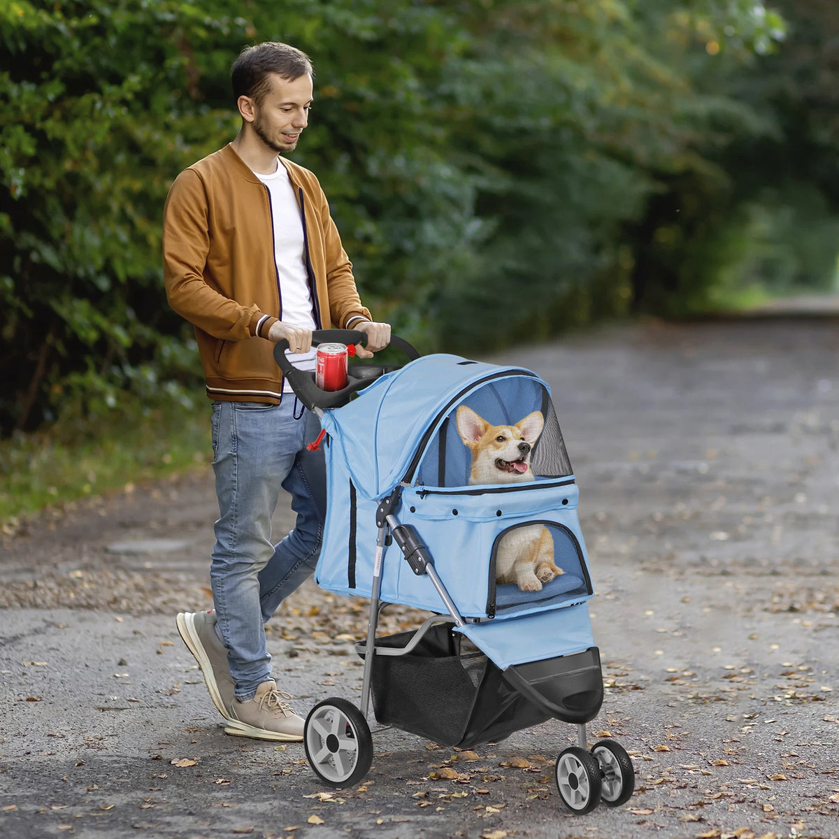 Dog Stroller 3/4-Wheels w/Storage Basket & Cup Holder Foldable Cat Pet Stroller