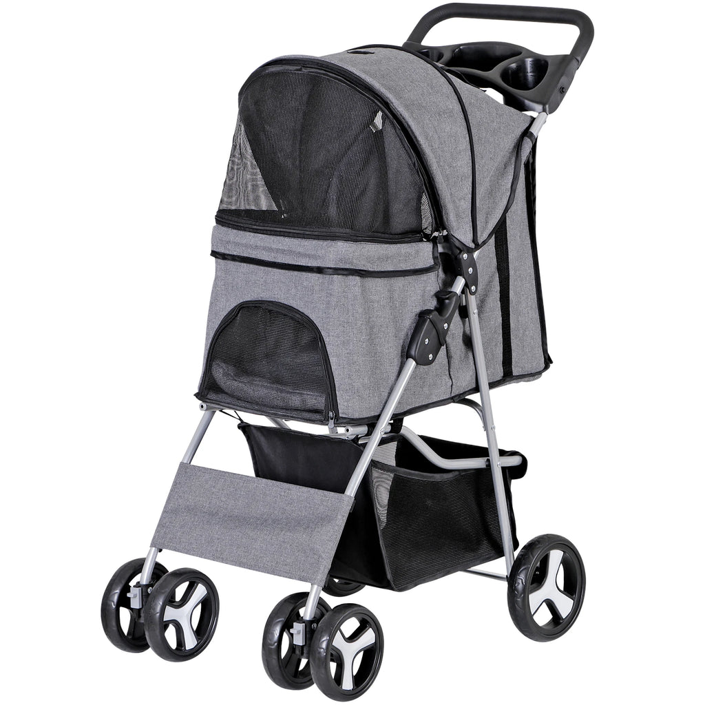 Dog Stroller 3/4-Wheels w/Storage Basket & Cup Holder Foldable Cat Pet Stroller