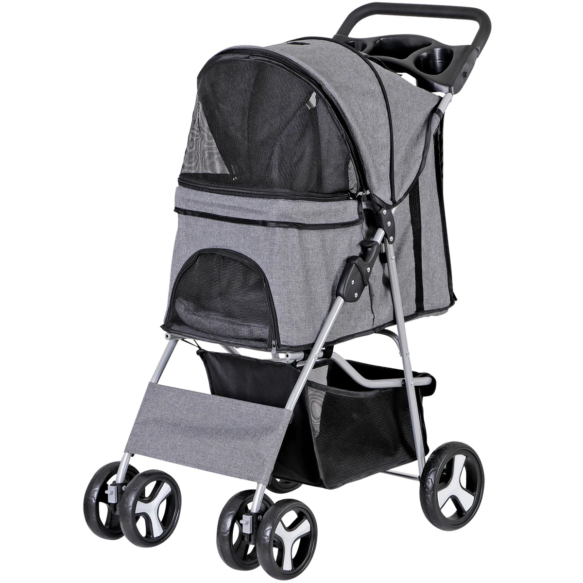 Dog Stroller 3/4-Wheels w/Storage Basket & Cup Holder Foldable Cat Pet Stroller