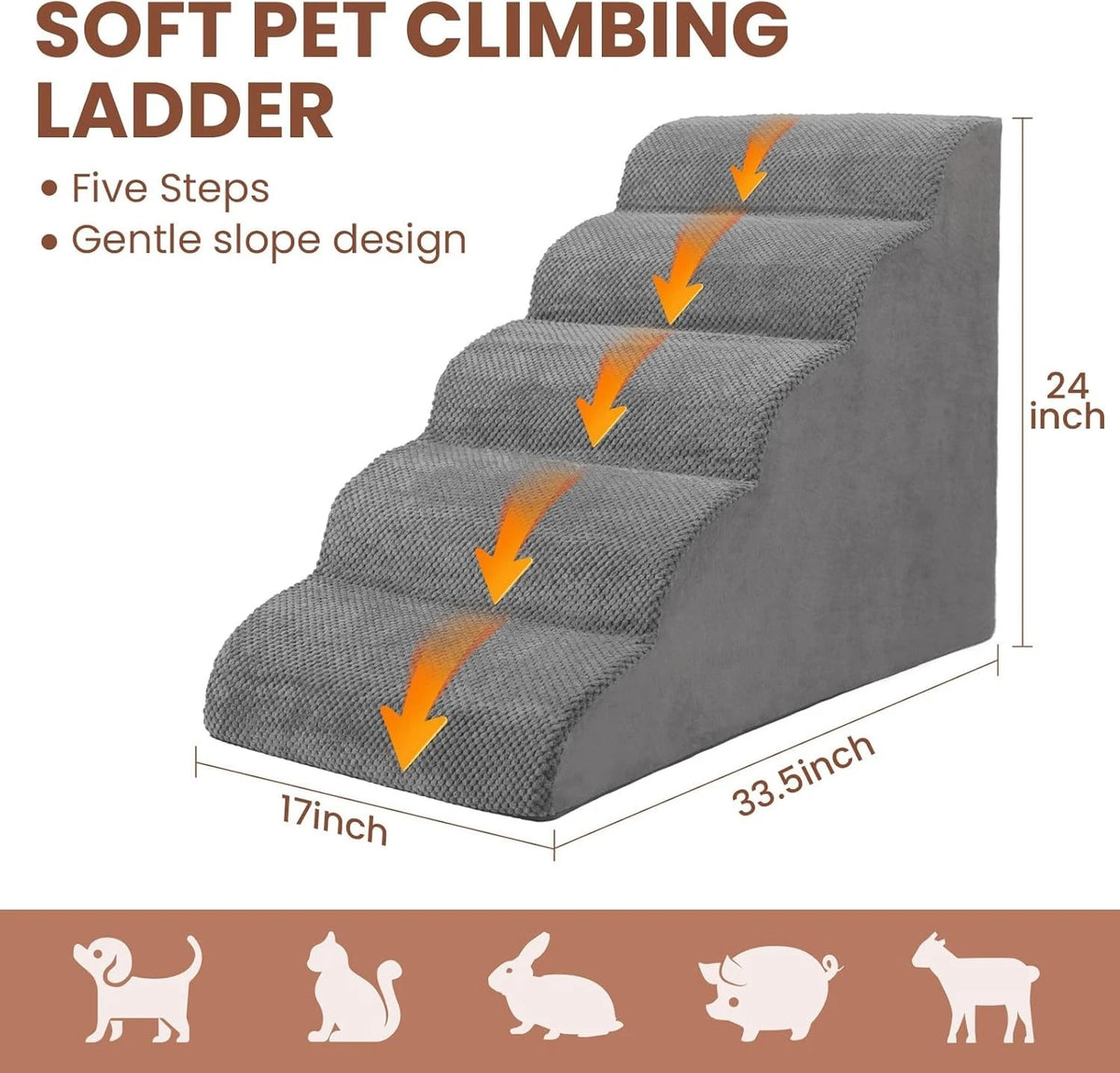 5-Tier Foam Dog Stair Extra Wide Non-Slip Pet Ramp for High Bed & Couch & Window