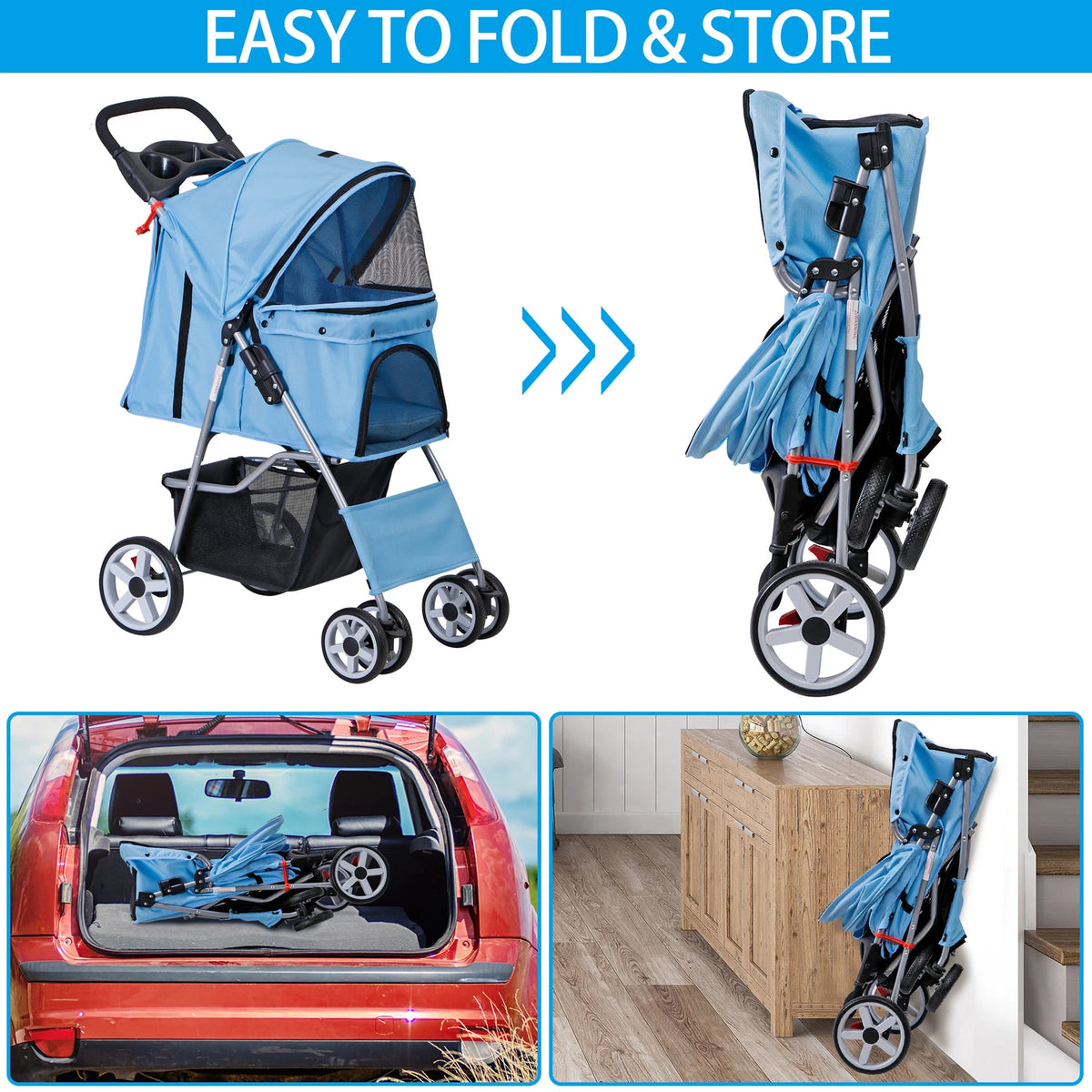Dog Stroller 3/4-Wheels w/Storage Basket & Cup Holder Foldable Cat Pet Stroller