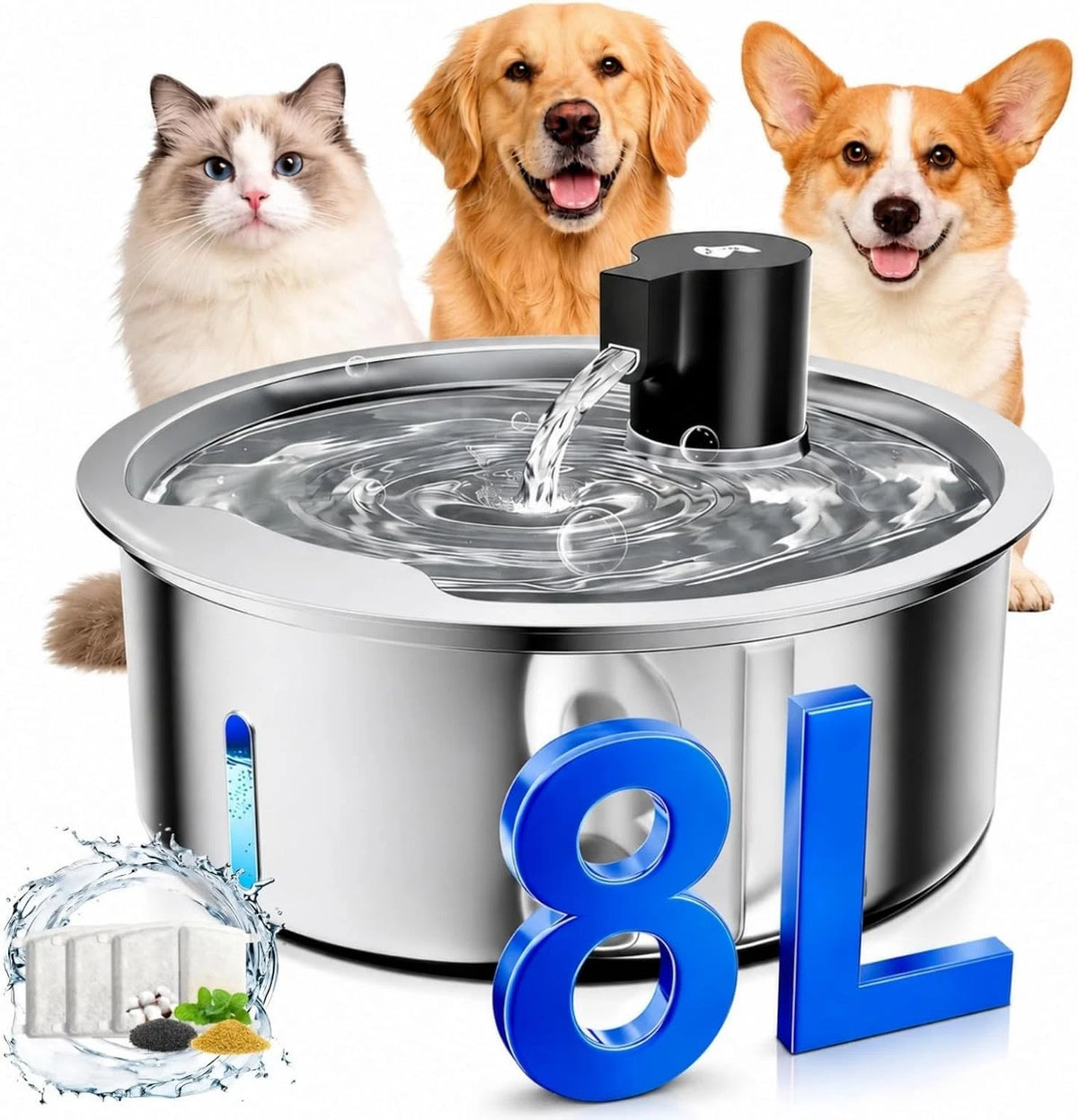 Dog Water Fountain, 8L/2.1 Gal Stainless Steel for Large Dogs & Multi-Pet \| Larg