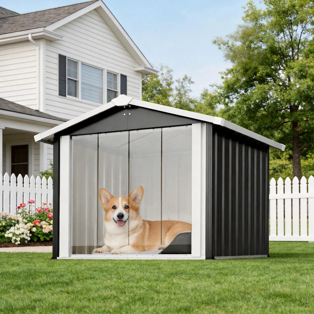Large Metal Dog House Outdoor Indoor Pet Dog Shelter w/ PVC Door for Large Dogs