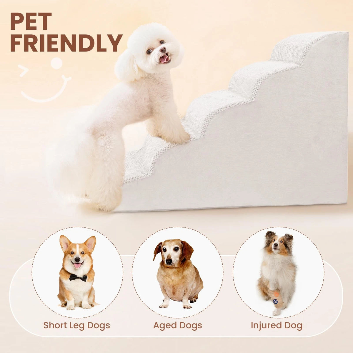 5-Tier Foam Dog Stair Extra Wide Non-Slip Pet Ramp for High Bed & Couch & Window