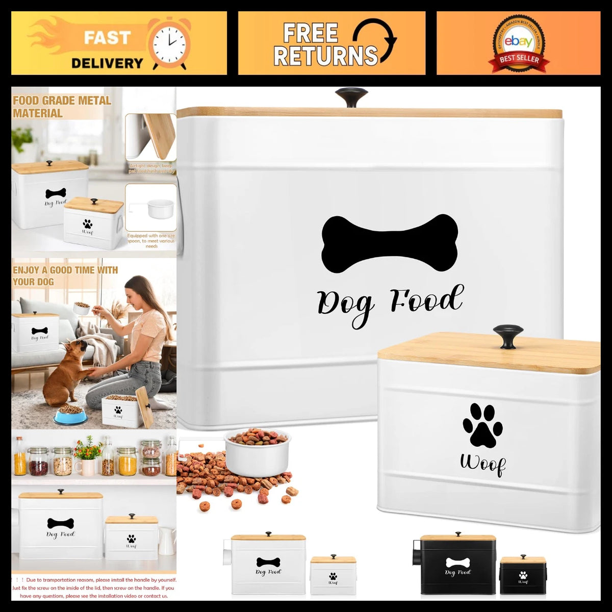 Extra Large Airtight Metal Dog Food Containers - 12 & 3.5 Lb, 2 Pack, White