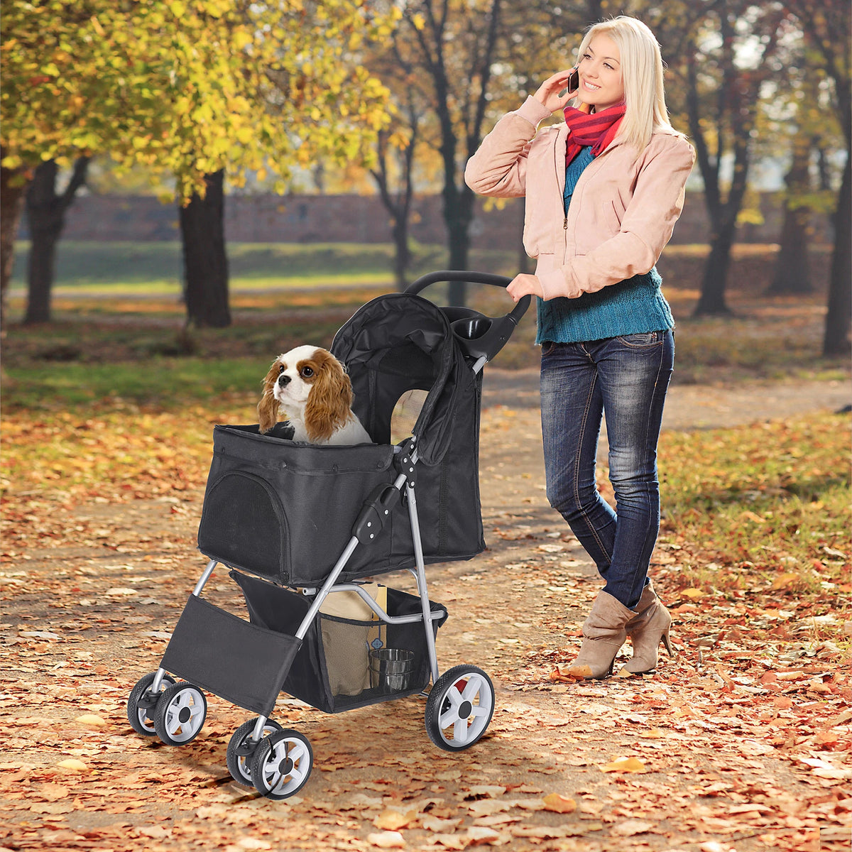 Dog Stroller 3/4-Wheels w/Storage Basket & Cup Holder Foldable Cat Pet Stroller
