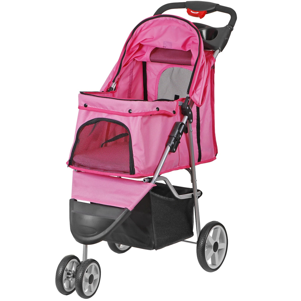Dog Stroller 3/4-Wheels w/Storage Basket & Cup Holder Foldable Cat Pet Stroller