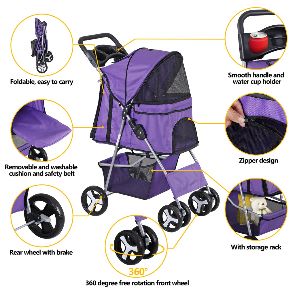 Dog Stroller 3/4-Wheels w/Storage Basket & Cup Holder Foldable Cat Pet Stroller