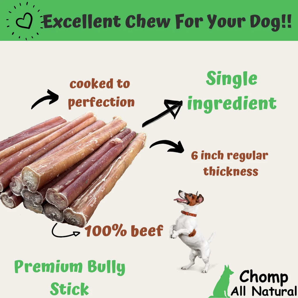 6" inch BULLY STICKS Natural Dog Treats Chews USDA & FDA Approved, By Chomp