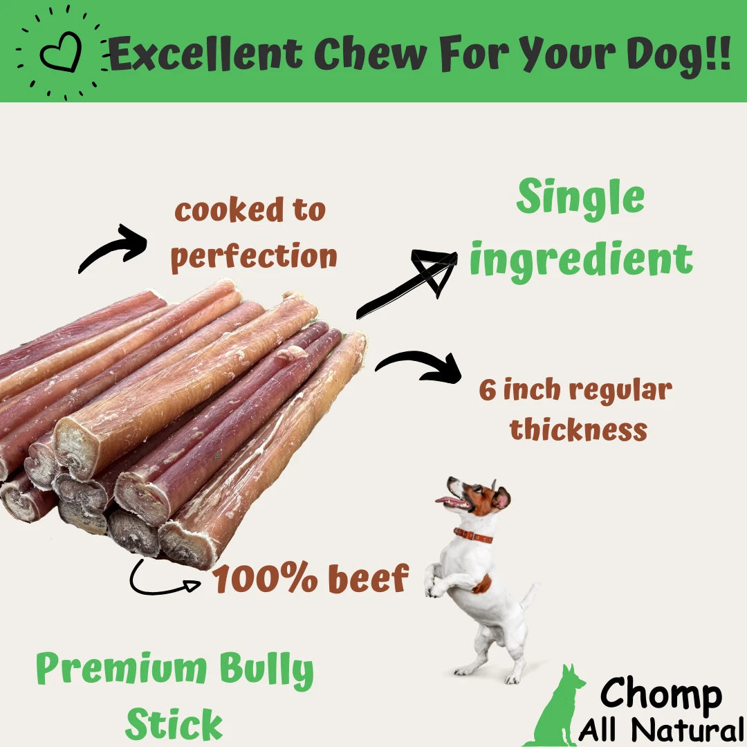 6" inch BULLY STICKS Natural Dog Treats Chews USDA & FDA Approved, By Chomp