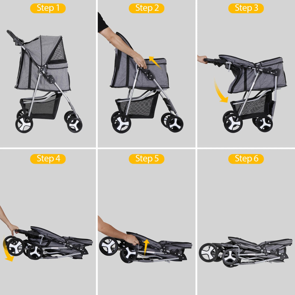 Dog Stroller 3/4-Wheels w/Storage Basket & Cup Holder Foldable Cat Pet Stroller