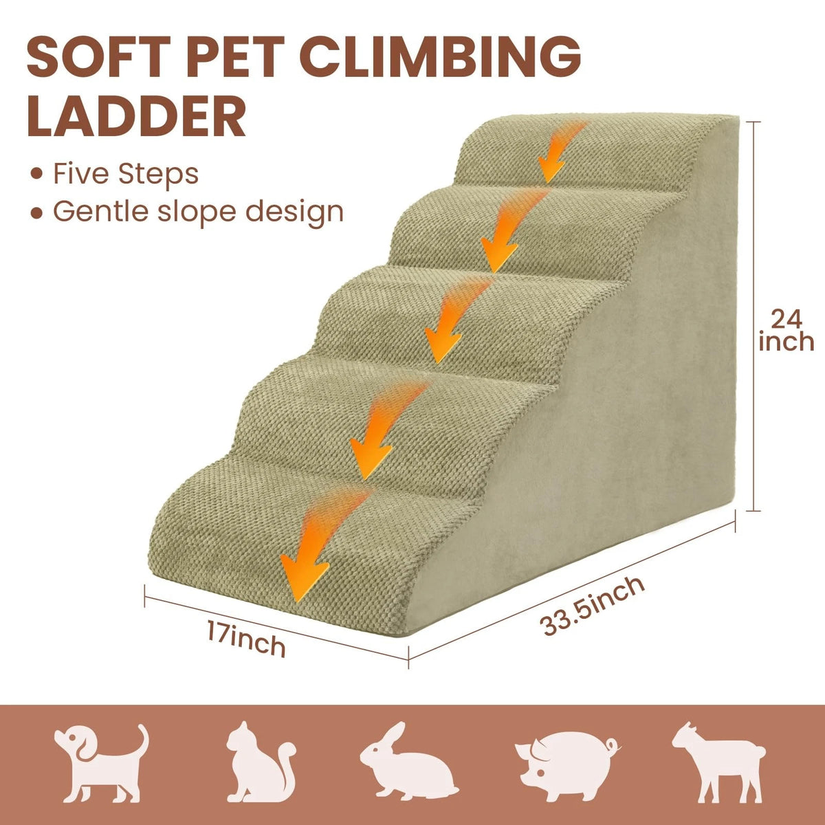 5-Tier Foam Dog Stair Extra Wide Non-Slip Pet Ramp for High Bed & Couch & Window