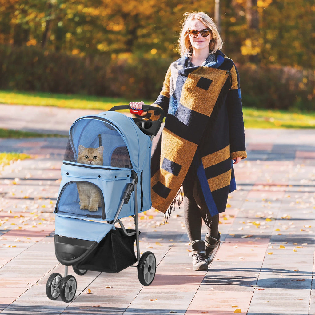 Dog Stroller 3/4-Wheels w/Storage Basket & Cup Holder Foldable Cat Pet Stroller