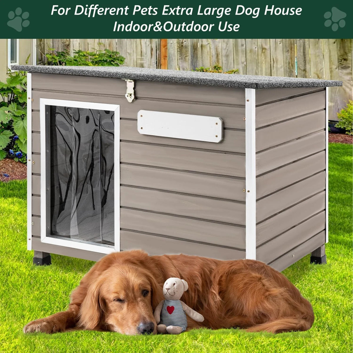 PETSCOSSET Large Wooden Dog House Outdoor Elevated Dog Kennel for Medium Dogs