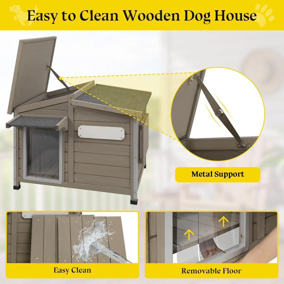 PETSCOSSET Dog House Outdoor Wooden Dog Kennel Indoor with Chew-Proof Iron Frame