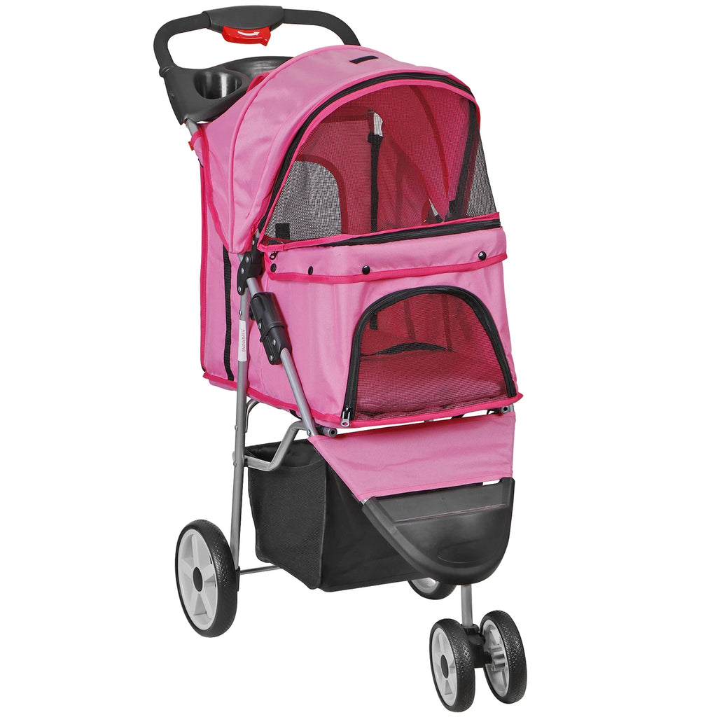 Dog Stroller 3/4-Wheels w/Storage Basket & Cup Holder Foldable Cat Pet Stroller