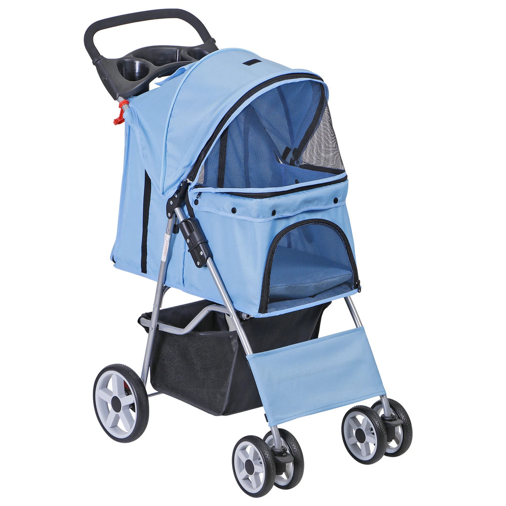 Dog Stroller 3/4-Wheels w/Storage Basket & Cup Holder Foldable Cat Pet Stroller