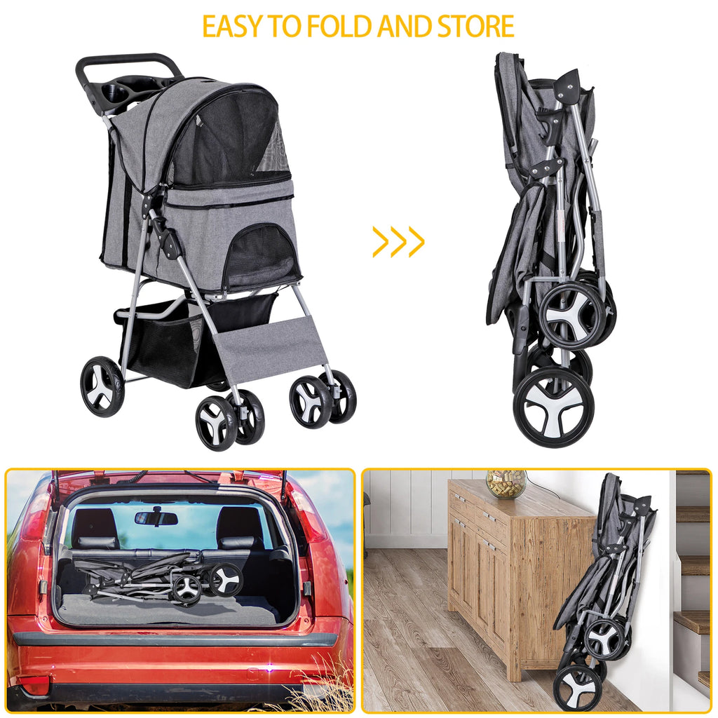 Dog Stroller 3/4-Wheels w/Storage Basket & Cup Holder Foldable Cat Pet Stroller