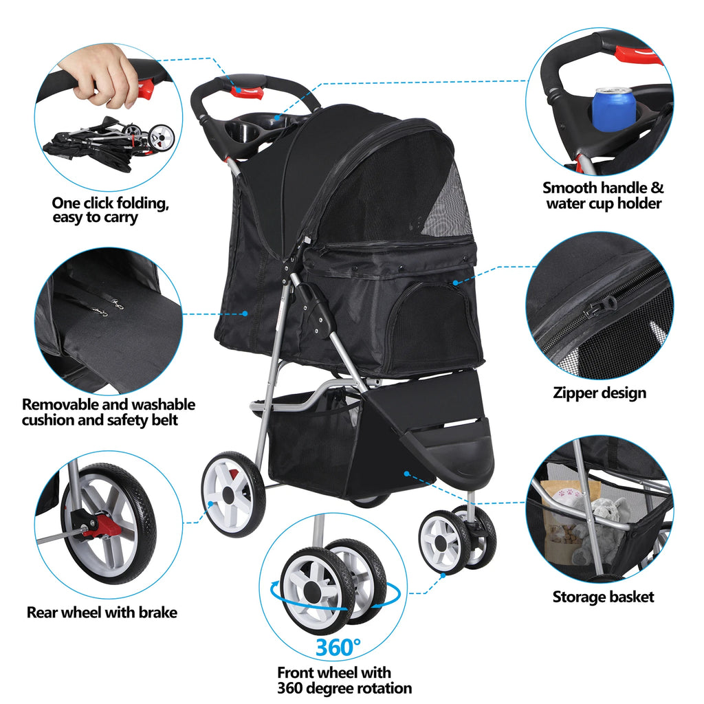 Dog Stroller 3/4-Wheels w/Storage Basket & Cup Holder Foldable Cat Pet Stroller