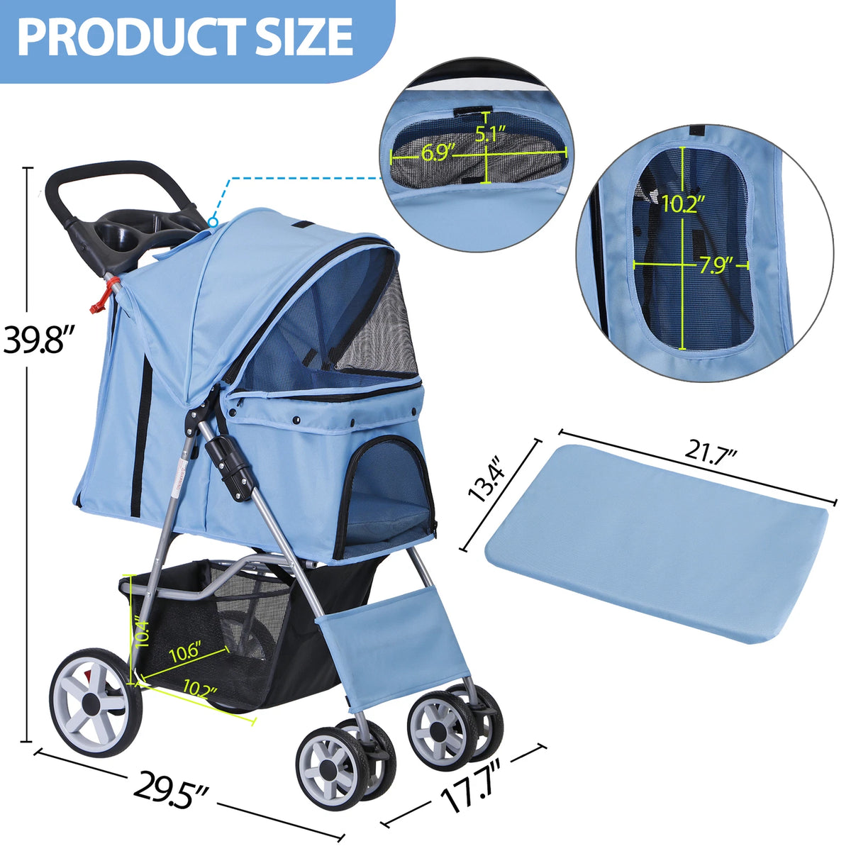 Dog Stroller 3/4-Wheels w/Storage Basket & Cup Holder Foldable Cat Pet Stroller