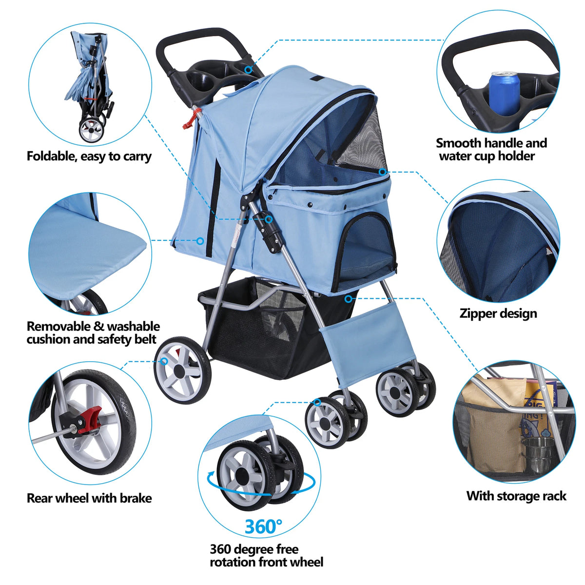 Dog Stroller 3/4-Wheels w/Storage Basket & Cup Holder Foldable Cat Pet Stroller