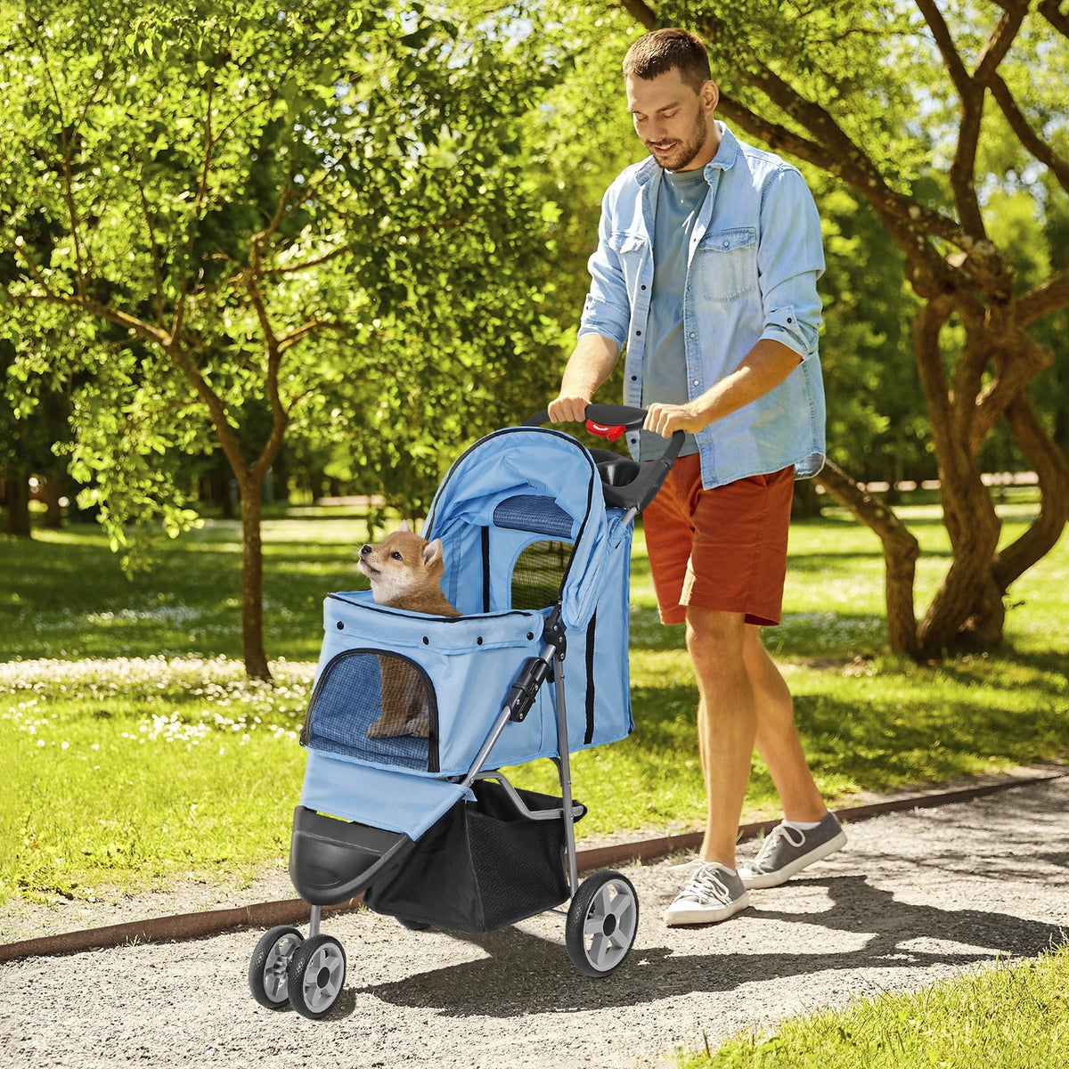 Dog Stroller 3/4-Wheels w/Storage Basket & Cup Holder Foldable Cat Pet Stroller