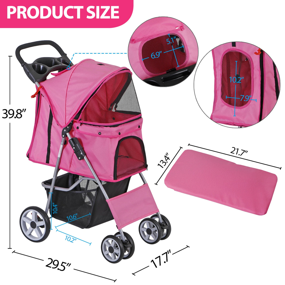 Dog Stroller 3/4-Wheels w/Storage Basket & Cup Holder Foldable Cat Pet Stroller