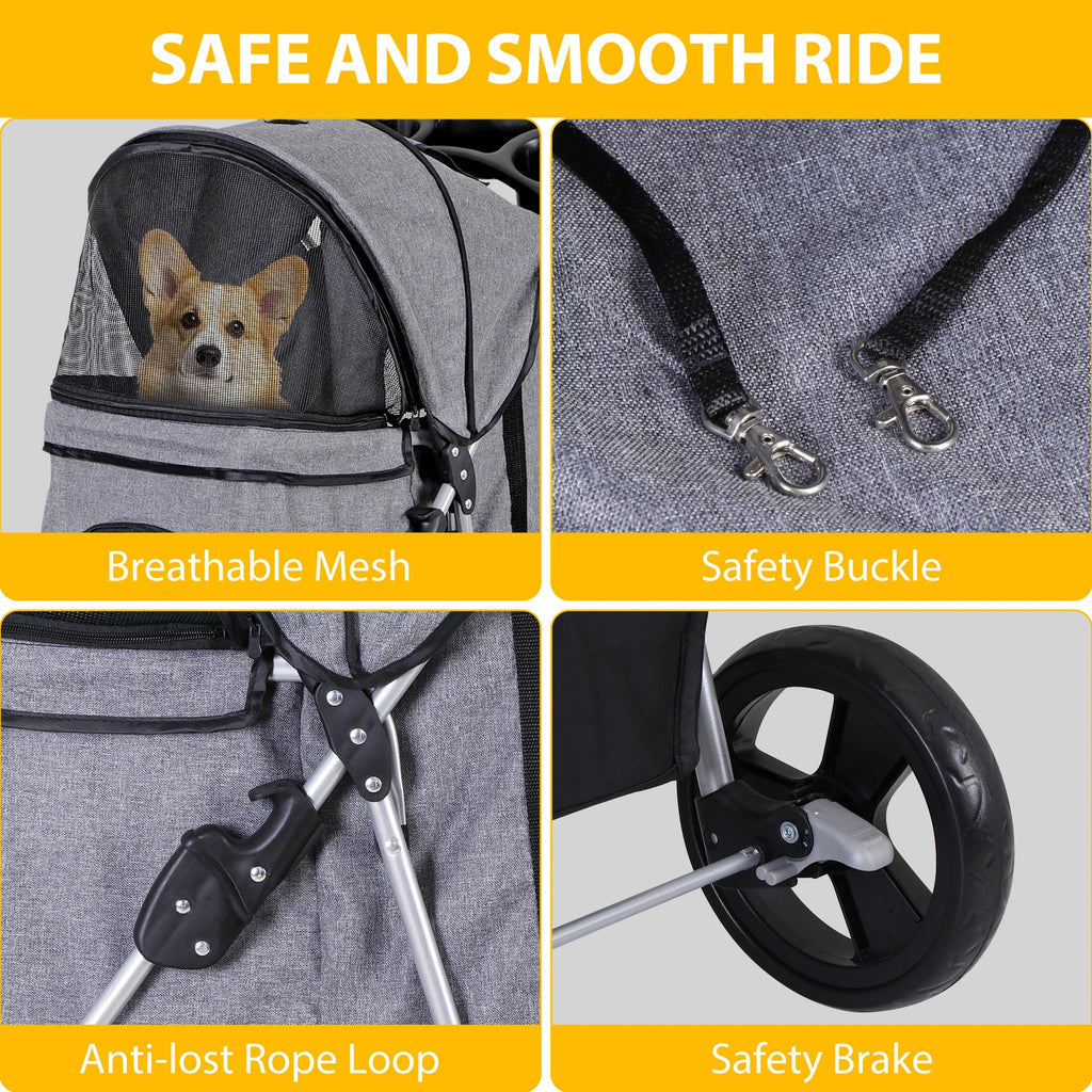 Dog Stroller 3/4-Wheels w/Storage Basket & Cup Holder Foldable Cat Pet Stroller
