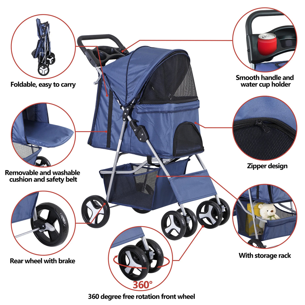 Dog Stroller 3/4-Wheels w/Storage Basket & Cup Holder Foldable Cat Pet Stroller