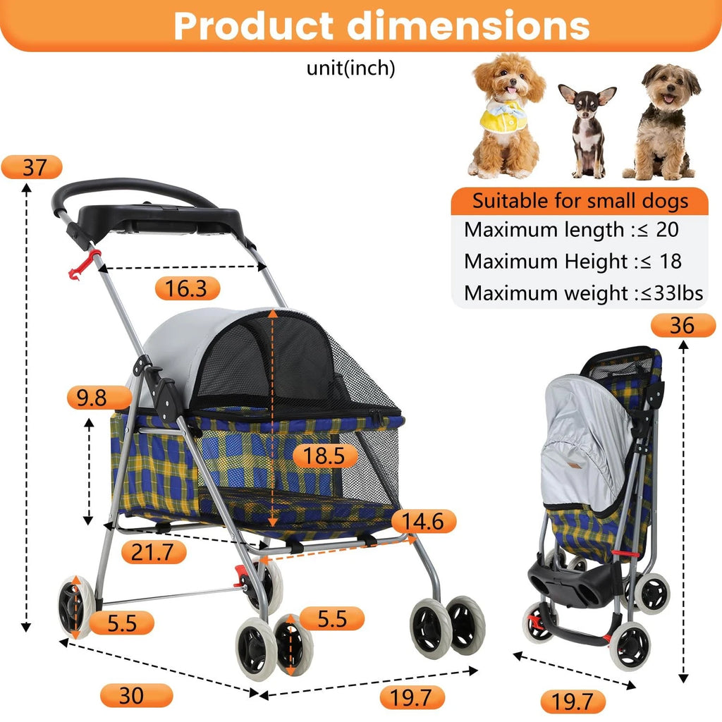 Pet Stroller 4 Wheels Posh Folding Waterproof Portable Travel Cat Dog Stroller