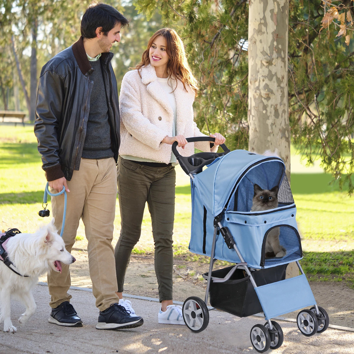 Dog Stroller 3/4-Wheels w/Storage Basket & Cup Holder Foldable Cat Pet Stroller