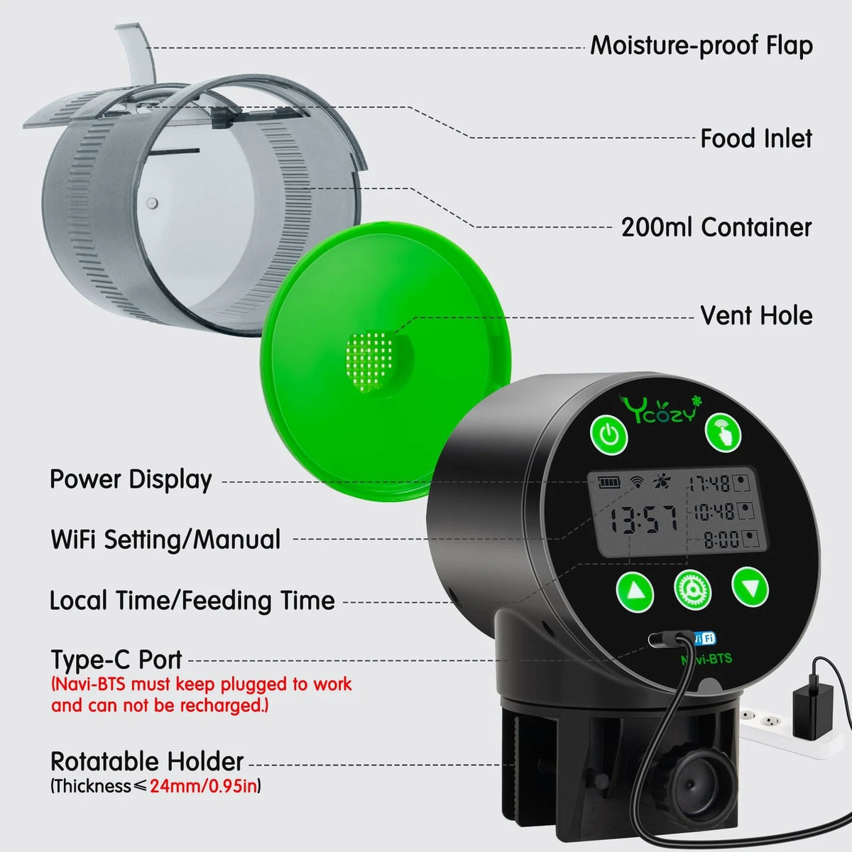 Ycozy WiFi Auto Fish Feeder for Aquarium Remote APP Control Plug Powered