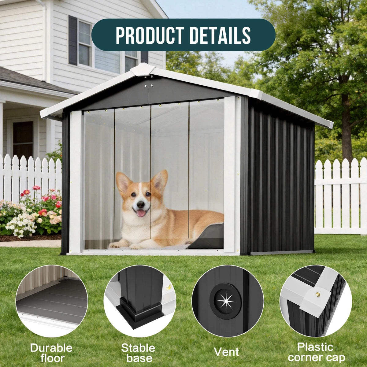 Large Metal Dog House Outdoor Indoor Pet Dog Shelter w/ PVC Door for Large Dogs