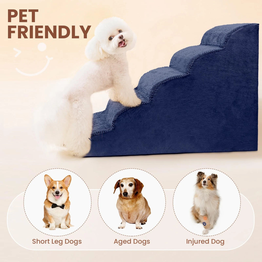 5-Tier Foam Dog Stair Extra Wide Non-Slip Pet Ramp for High Bed & Couch & Window