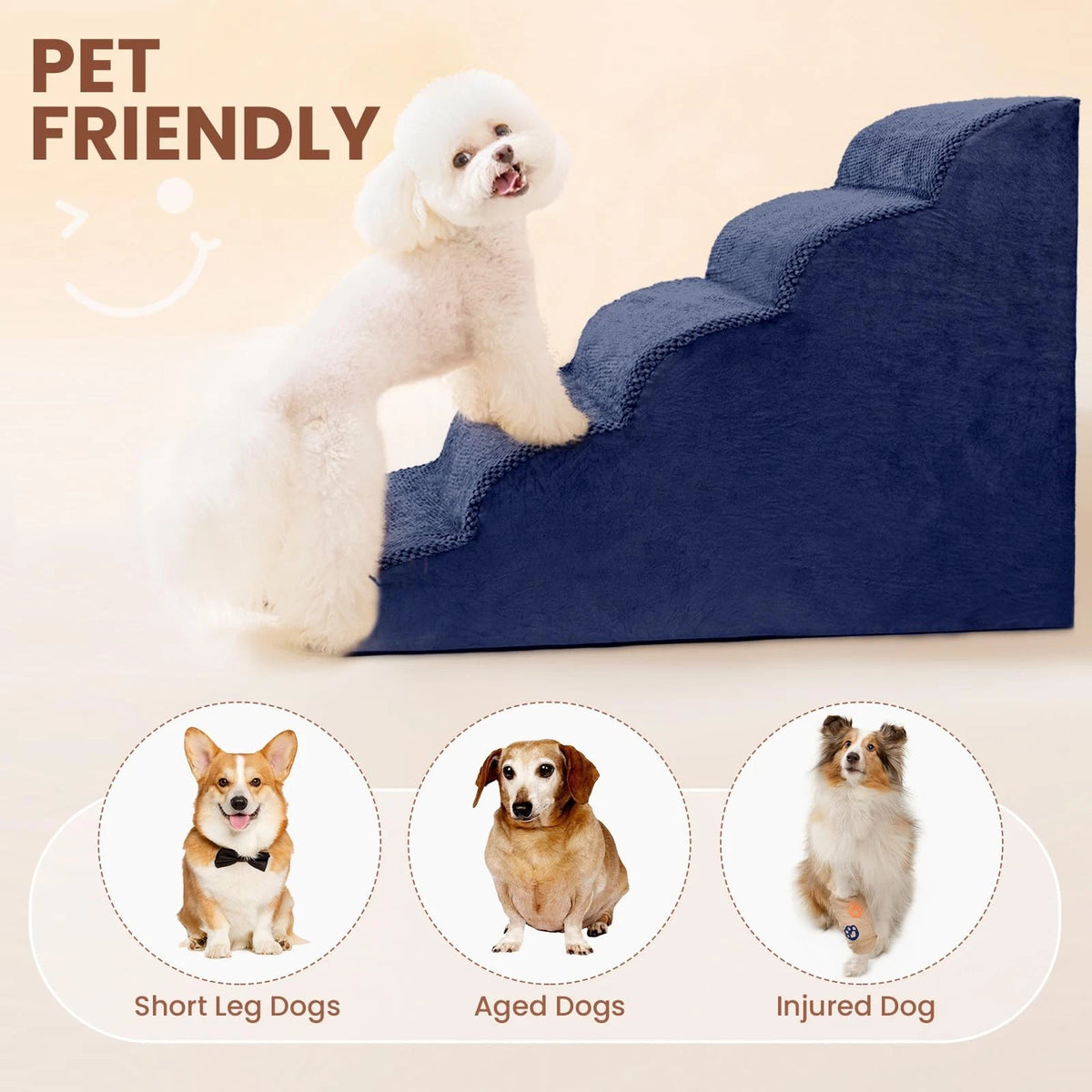 5-Tier Foam Dog Stair Extra Wide Non-Slip Pet Ramp for High Bed & Couch & Window