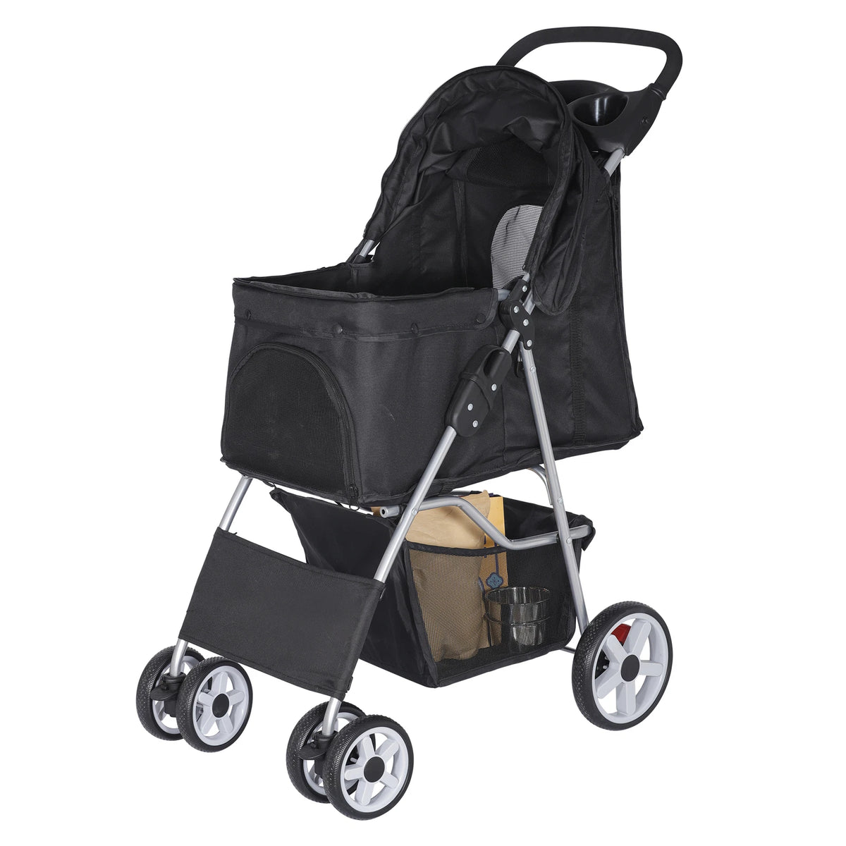 Dog Stroller 3/4-Wheels w/Storage Basket & Cup Holder Foldable Cat Pet Stroller