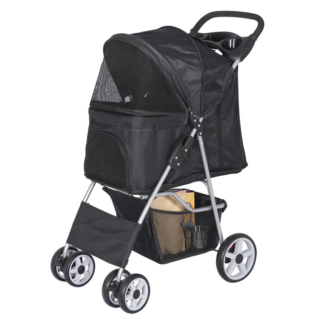 Dog Stroller 3/4-Wheels w/Storage Basket & Cup Holder Foldable Cat Pet Stroller