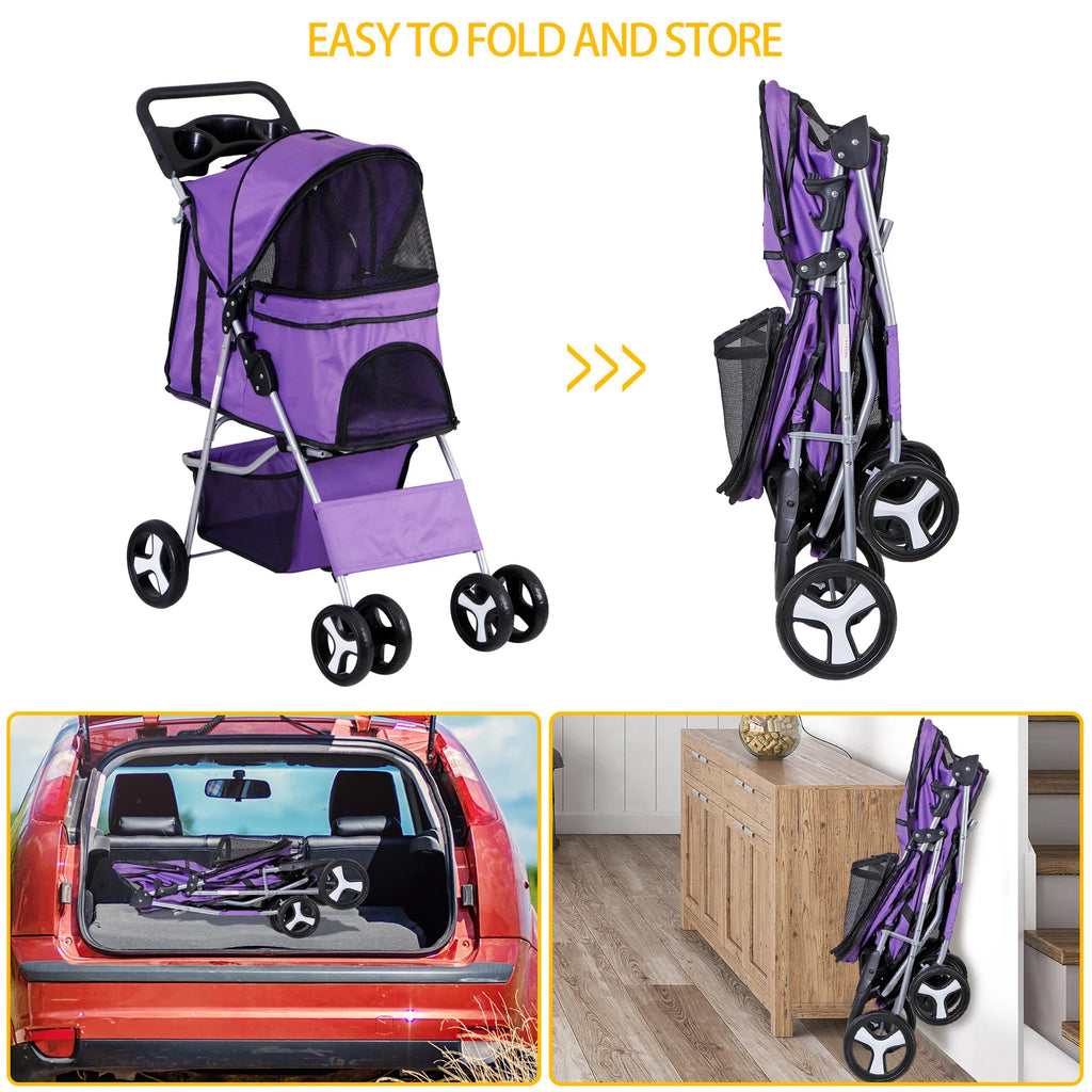 Dog Stroller 3/4-Wheels w/Storage Basket & Cup Holder Foldable Cat Pet Stroller