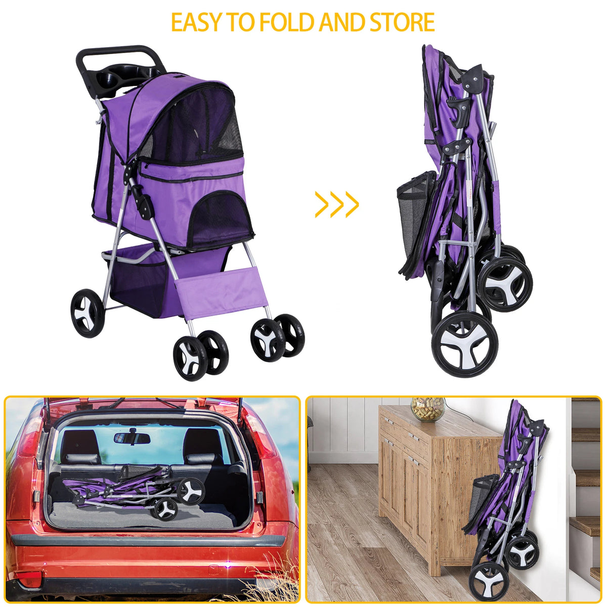 Dog Stroller 3/4-Wheels w/Storage Basket & Cup Holder Foldable Cat Pet Stroller