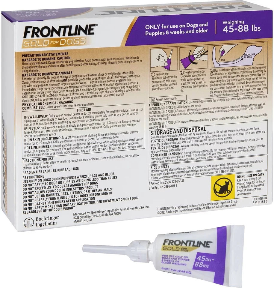 Frontline Plus Gold Dogs 45-88 lbs \| 100% Genuine US EPA Approve !!! \| 6 doses