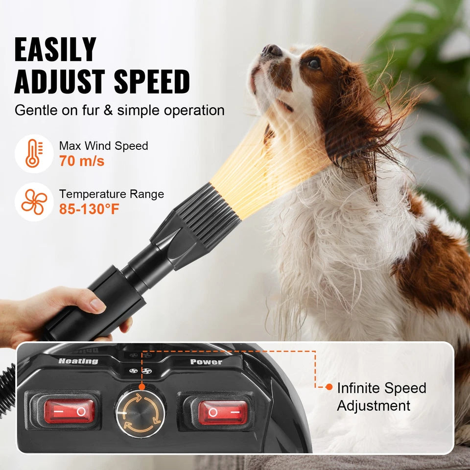 Dog Dryer 2800W Pet Grooming Dryer Adjustable Speed with 4 Nozzles Grey