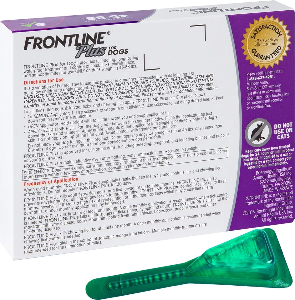 Frontline Plus Flea & Tick Spot Treatment for Large Dogs, 45-88 lbs, 8 Doses
