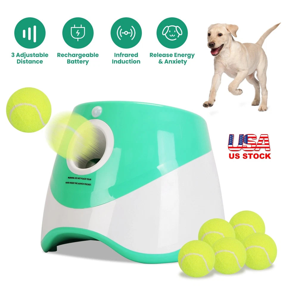 Automatic Dog Ball Launcher Included 6 Tennis Balls Dog W/ 3 Adjustable Launch